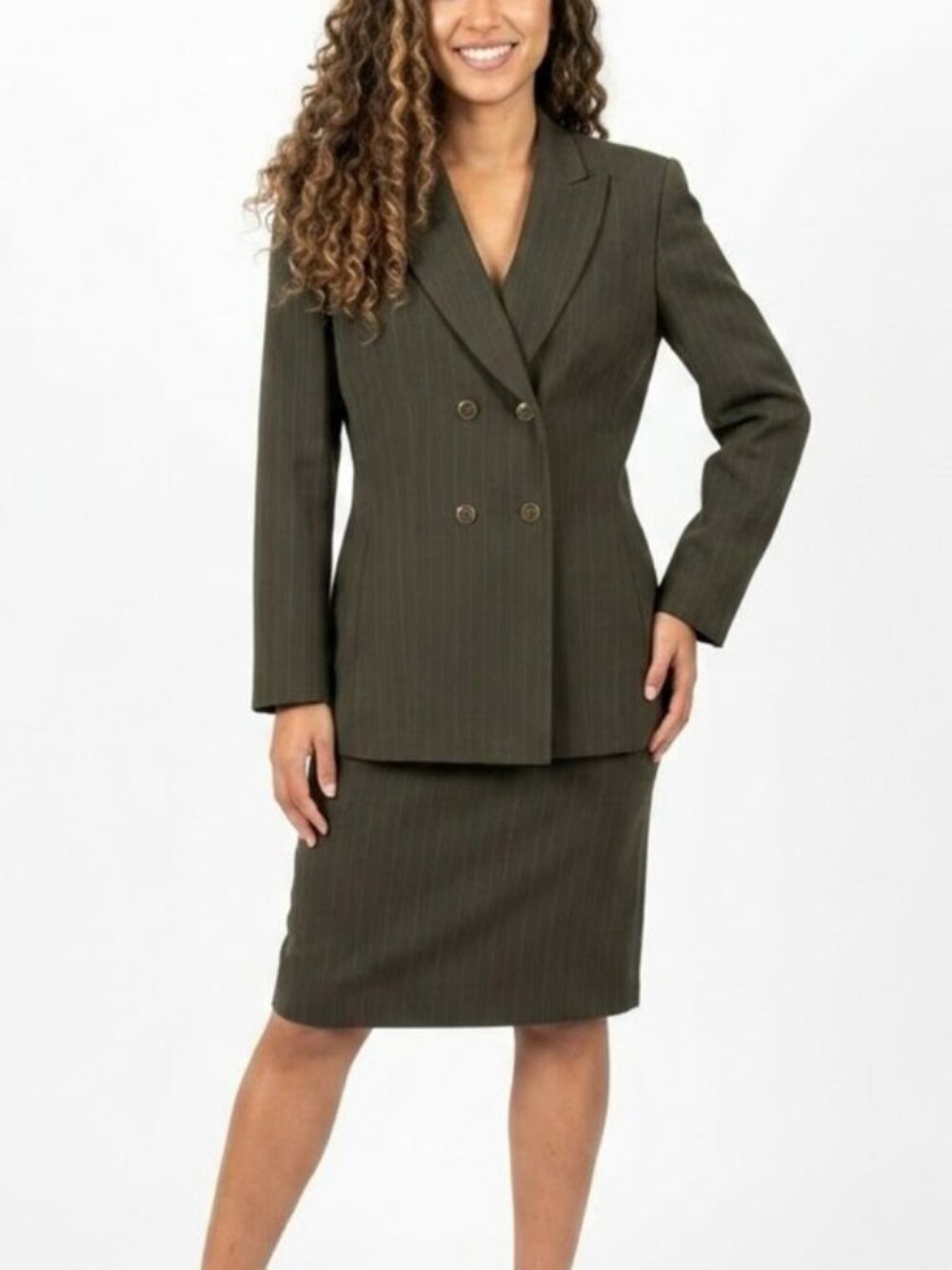 Le Suit Skirt Suit Size 12 Army Green Pinstripe Double Breasted Back Zip Skirt
